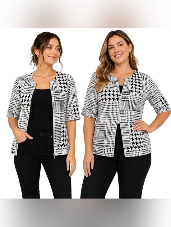 CAbi Jackets & Blazers - CAbi Black White Stretch Geometric Print Zip Front 3/4 Sleeve Pocket Jacket Top